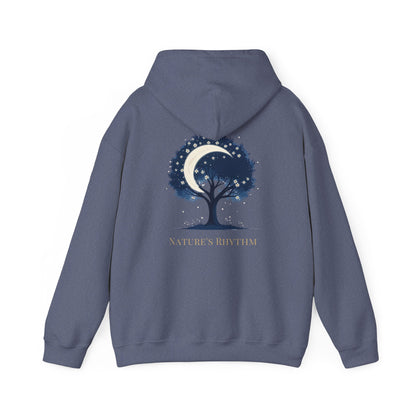 Heather Navy | Nature`s Rhythm Hoodie, back design view