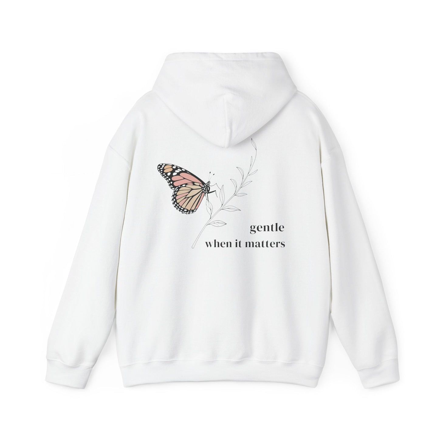 White | Gentle When It Matters Hoodie, back design view