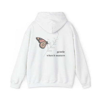 White | Gentle When It Matters Hoodie, back design view