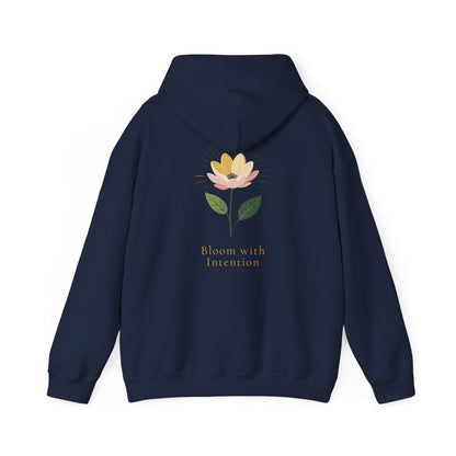 Navy | Bloom with intention Hoodie, back design view