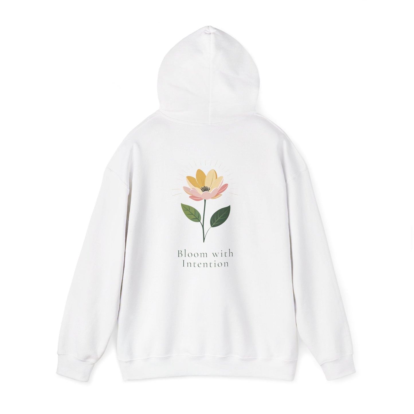 White | Bloom with intention Hoodie, back view 2
