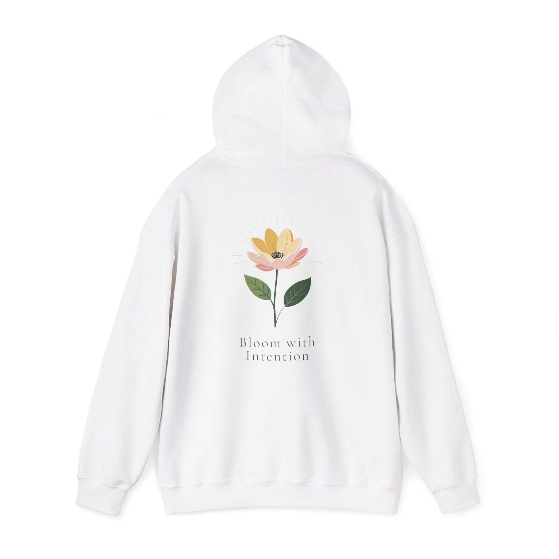 White | Bloom with intention Hoodie, back view 2