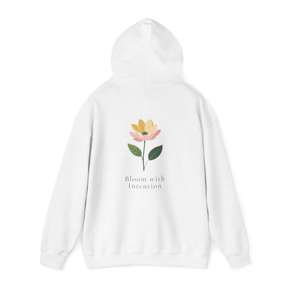 White | Bloom with intention Hoodie, back view 2