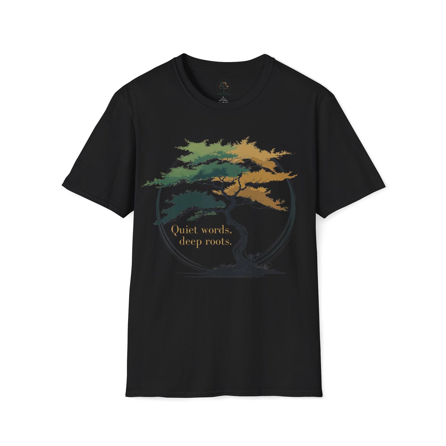 Black | Quiet words, deep roots., front view