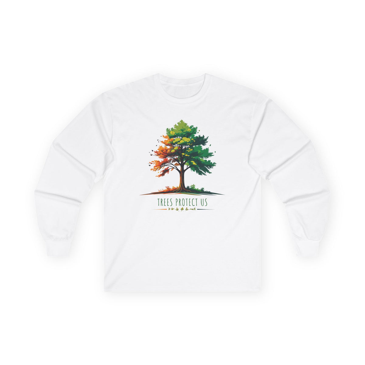 White | Trees Protect Us Long Sleeve Tee, front view