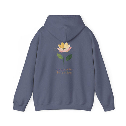 Heather Navy | Bloom with intention Hoodie, back design view