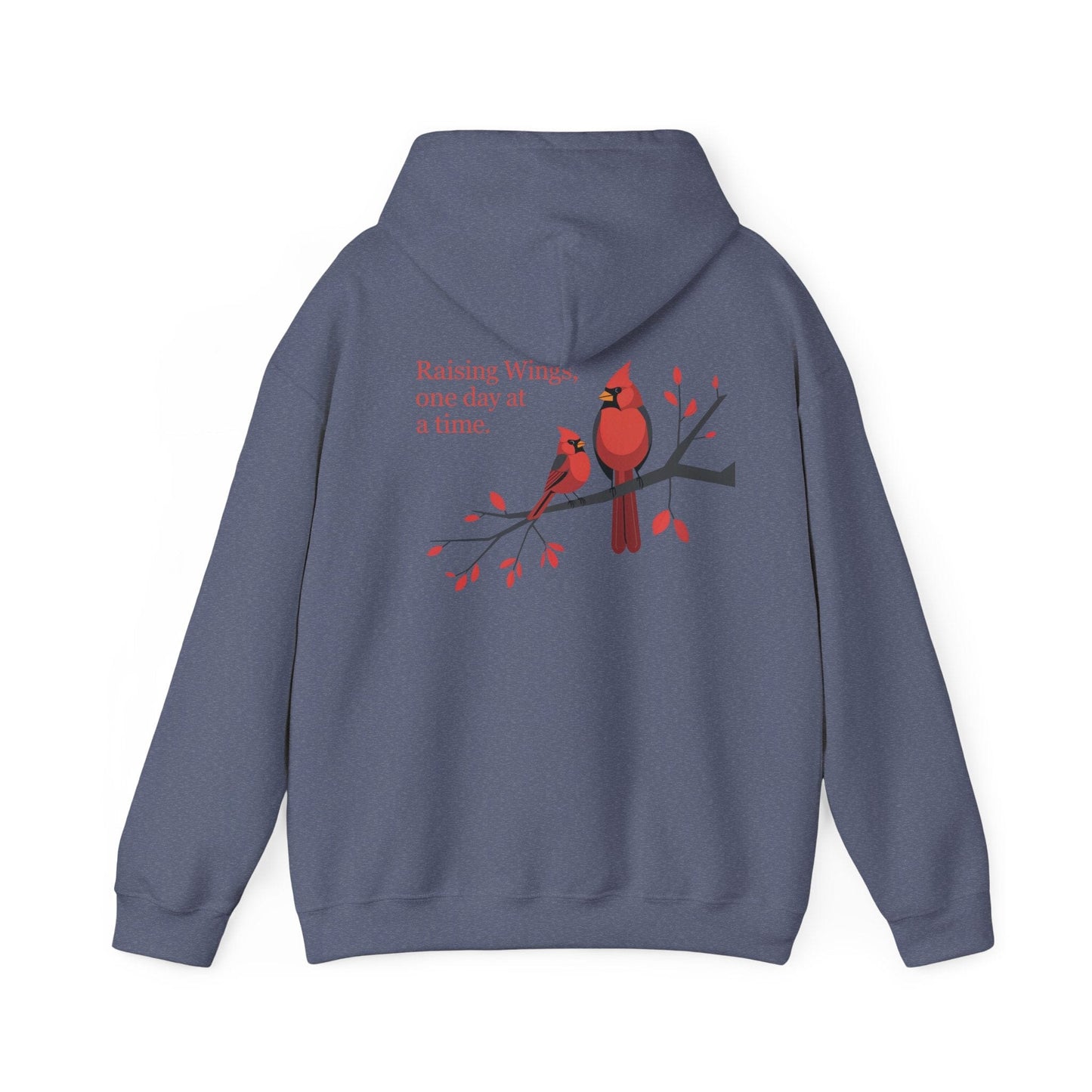 Heather Navy | Raising Wings, One day at a time. Hoodie, back design view