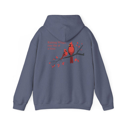 Heather Navy | Raising Wings, One day at a time. Hoodie, back design view